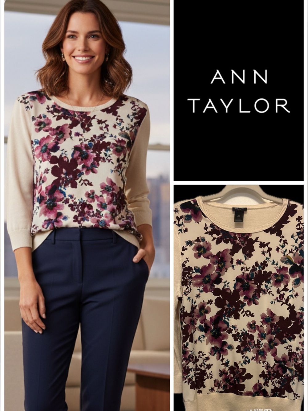 Ann Taylor Cream Floral Crewneck Mixed Media Sweater with Plum Accents